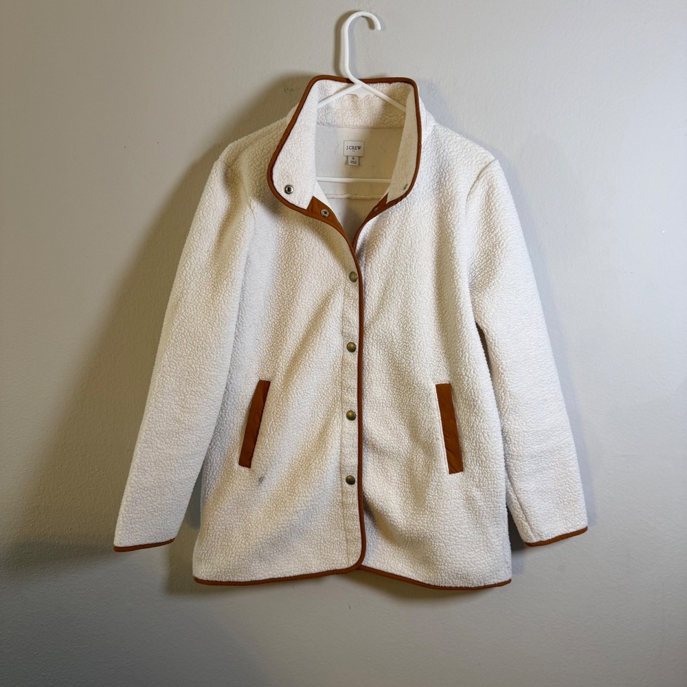 J.Crew Womens Sherpa Snap Front Jacket Ivory Cream Brown Trim Small H1254